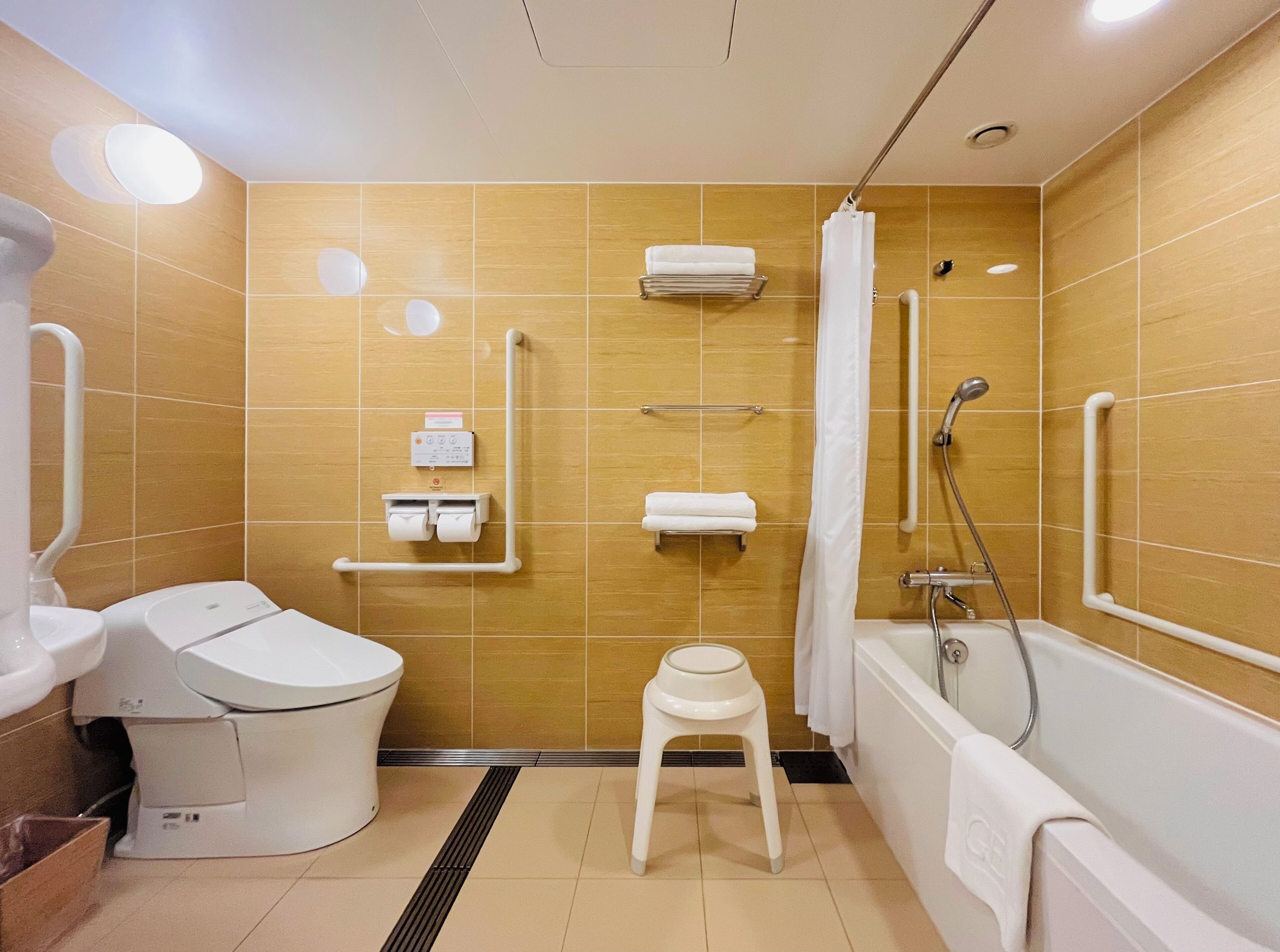 A modern bathroom with a toilet, bidet, shower, and grab bars.