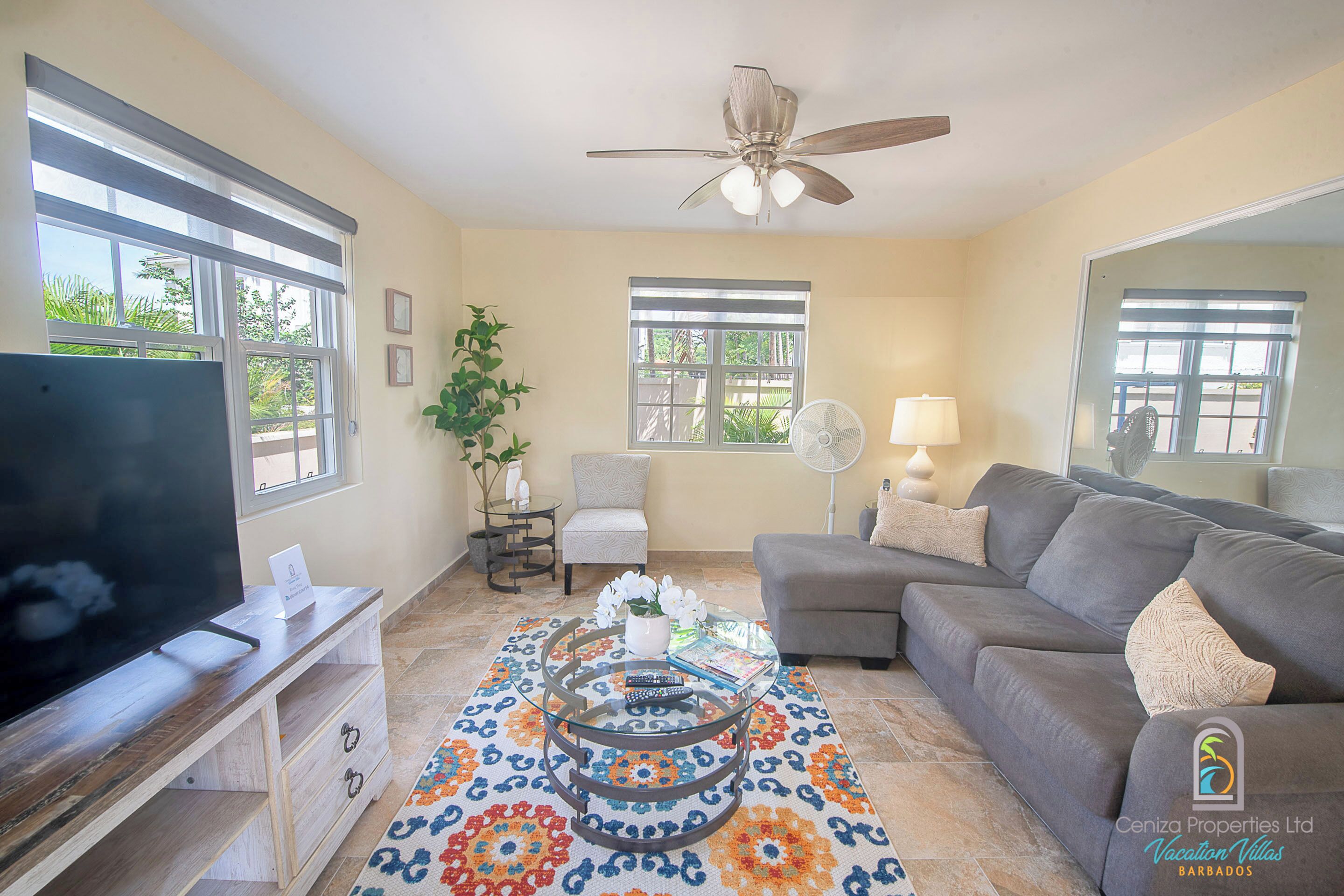 A living room with a TV, sofa, and a coffee table with a decorative rug.