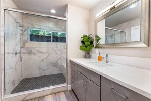 Shower, hair dryer, towels, soap