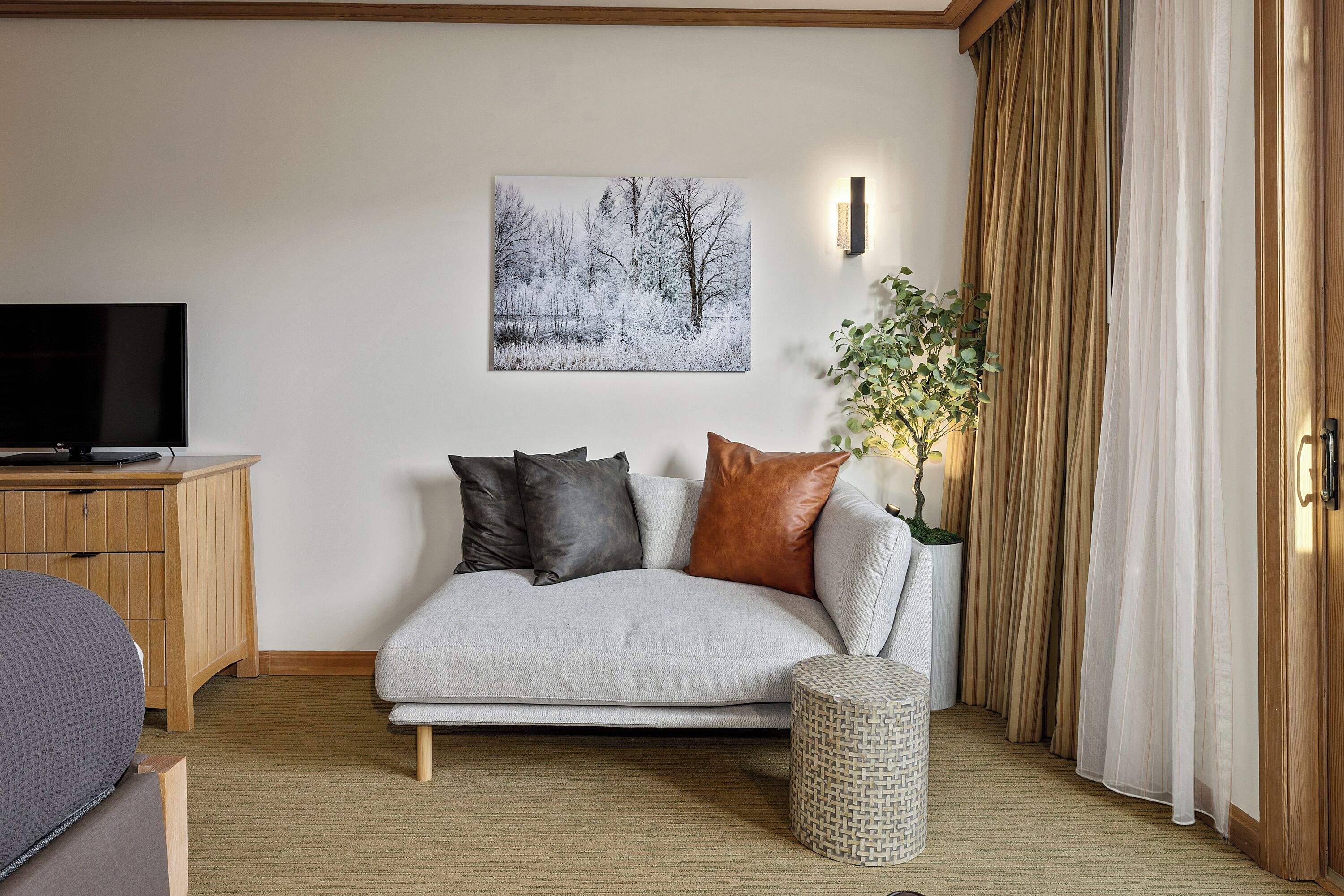 Ein modernes Wohnzimmer mit einer Couch, einem Flachbildfernseher, einer Zimmerpflanze und einem Gemälde an der Wand.