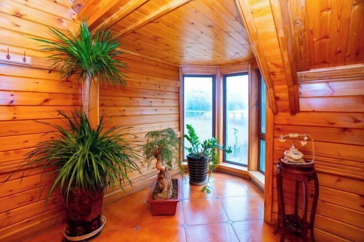 Een houten interieur met potplanten, een telefoon en een uitzicht door een glazen deur.
