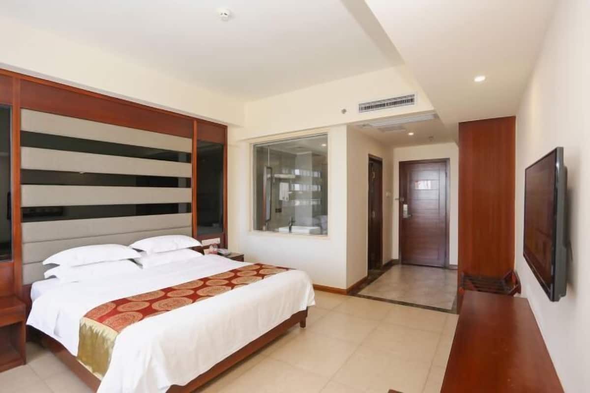 Une chambre d’hôtel avec un lit, une télévision, une fenêtre et une porte.