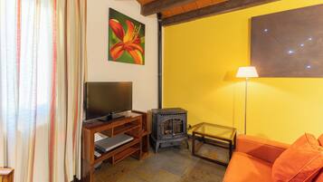 Een televisie, een open haard, een dvd-speler en een stereo