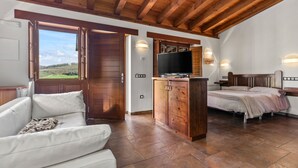 Une chambre avec un plafond en bois, un lit, une télévision et une vue sur l’extérieur.