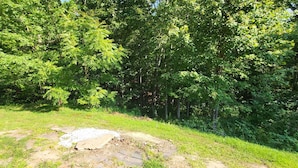 A wooded area with a brown trash bin labeled "RUMPHE" and a paved path.
