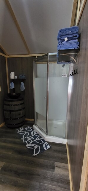 Douche, serviettes fournies, papier toilette