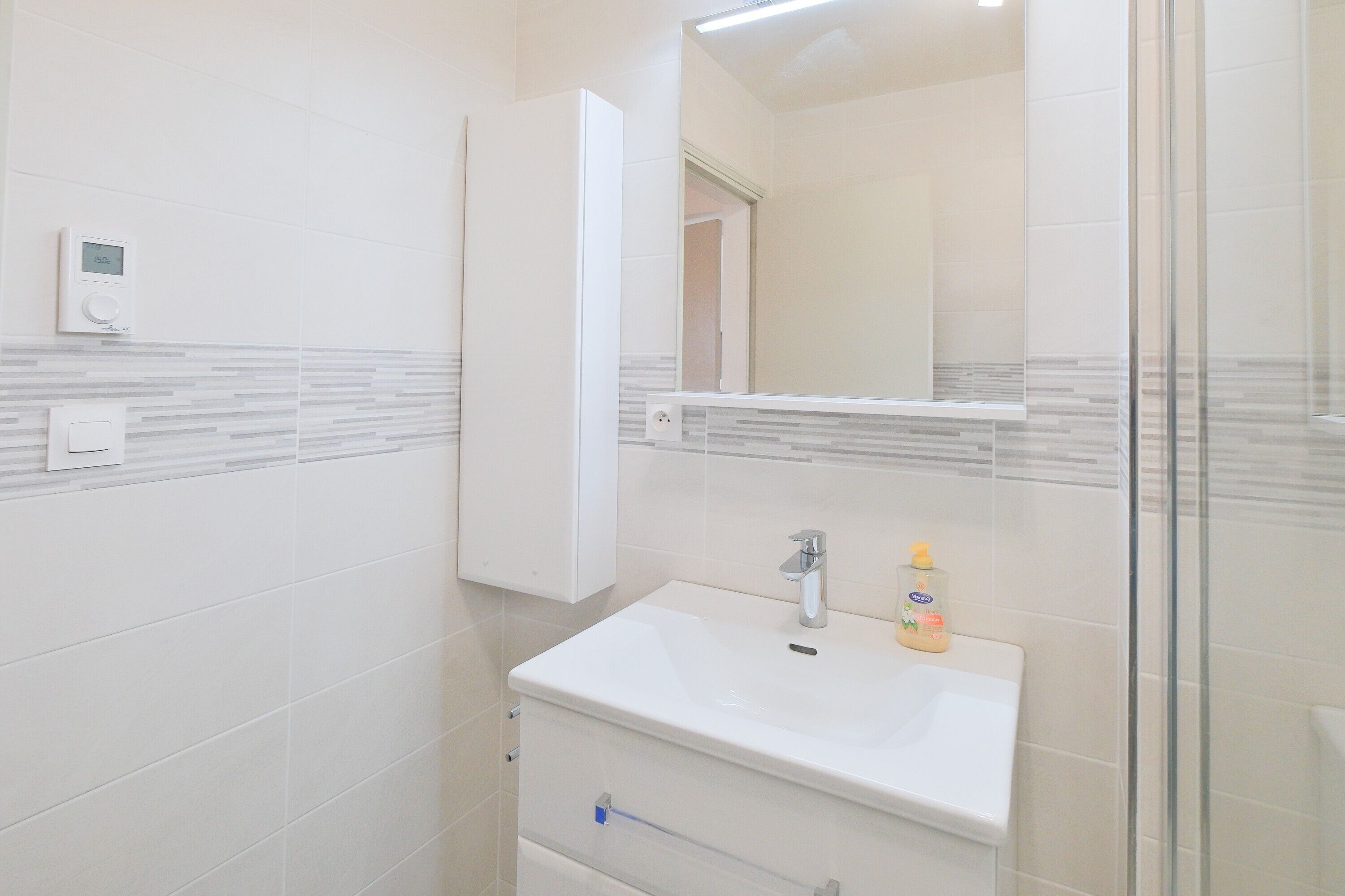 A bathroom with a white sink, a mirror, a glass shower enclosure, and a soap dispenser.