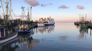 Un puerto con varios barcos amarrados, incluyendo un barco llamado 'Wencke Pellworm' y una embarcación más pequeña llamada 'Columbus Fellworm'.