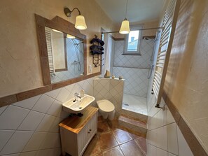 Shower, hair dryer, towels
