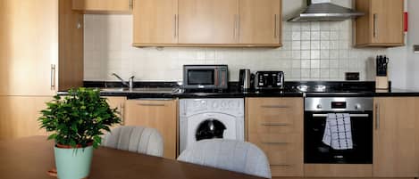 Full-sized fridge, microwave, oven, stovetop