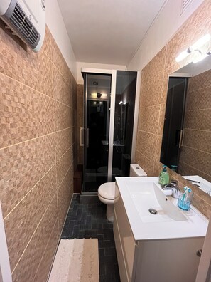 Shower, hair dryer, towels, toilet paper