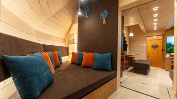 Smart TV, fireplace, books, stereo