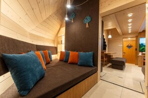 Smart TV, fireplace, books, stereo