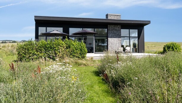 Ein modernes Haus mit großen Glasfenstern, einem Ziegelkamin und einem Garten mit verschiedenen Pflanzen und Blumen.