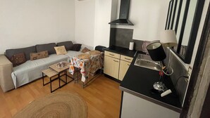 A compact living space with a sofa, a small table, a kitchen area with a sink and stove, and a ceiling fan. - Appartement Centre-ville (Uzès)
