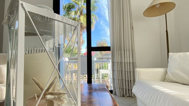 A modern living room with a white sofa, a glass table with a starfish decoration, and a view of palm trees through large windows. - Villa Trieste Flexrent - Abyssinia (Riccione)