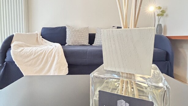 Un salon avec un canapé bleu foncé, des coussins à motifs, un plaid blanc et un vase transparent contenant des branches.