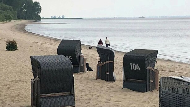 Beach chairs numbered 104 and 1 on a sandy beach with a view of the sea.
