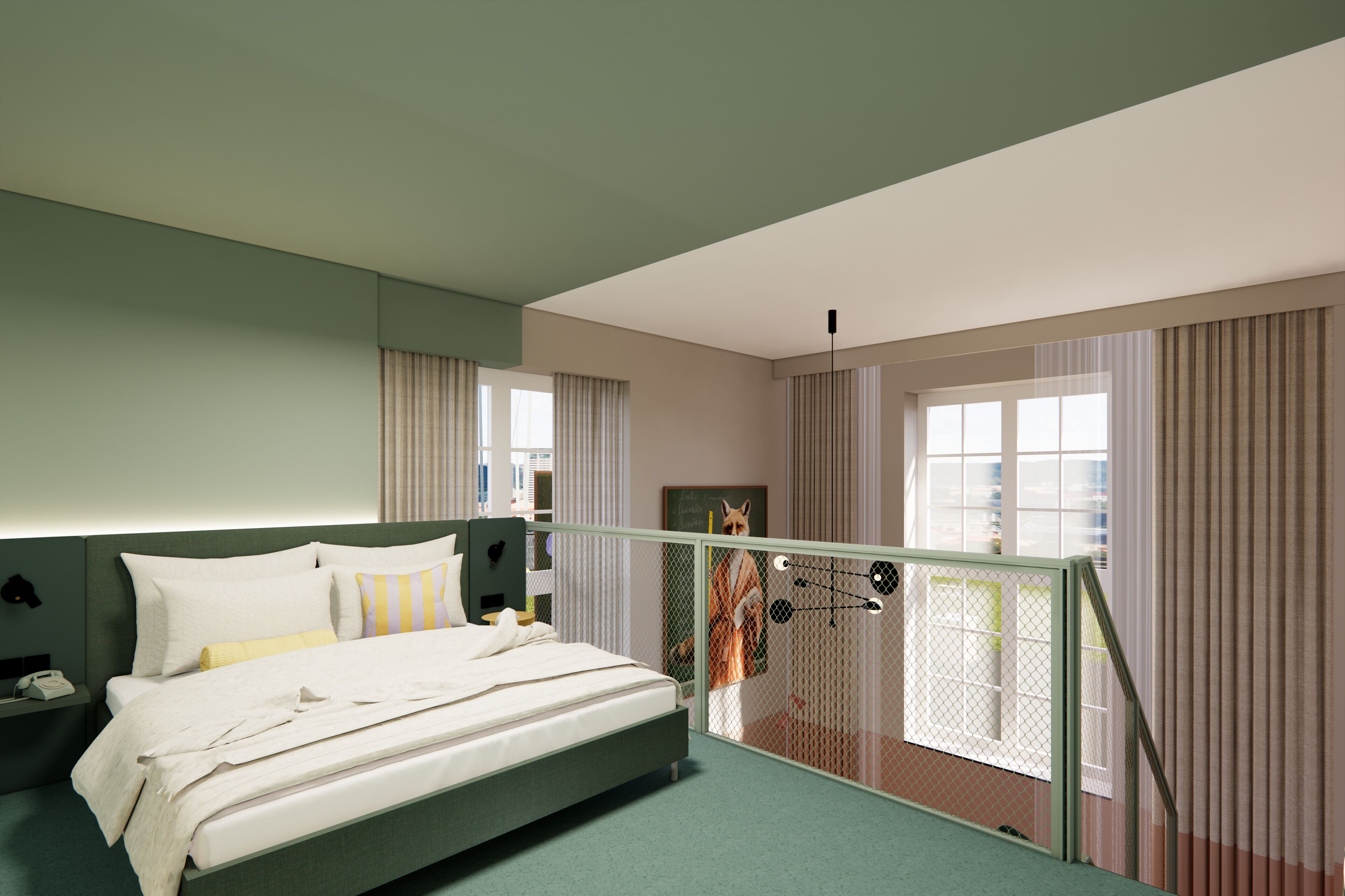 A bedroom with a bed, a nightstand, a desk, and a window with curtains.