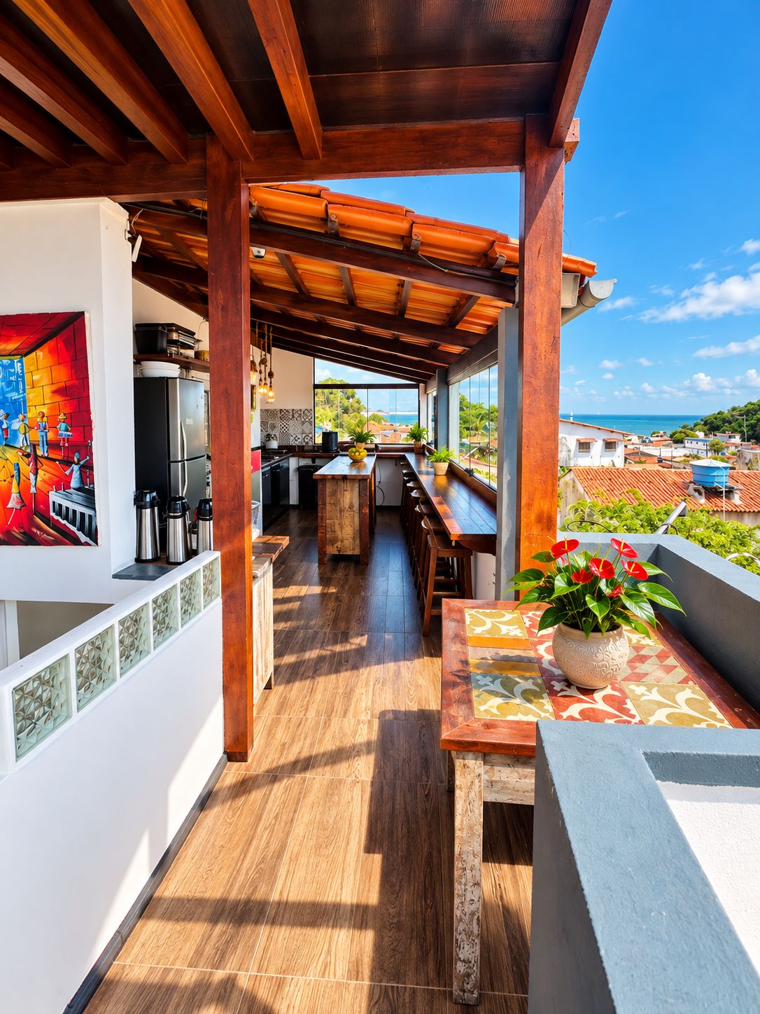 Un espace cuisine extérieur abrité, avec vue sur la mer, un plancher en bois et une table à manger avec des chaises.