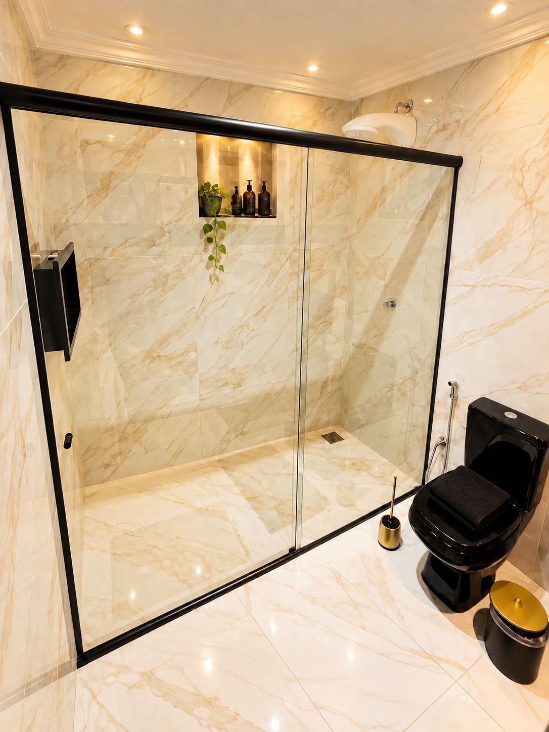 Une salle de bain moderne avec une douche à parois de verre, des toilettes noires et une petite étagère contenant des articles de toilette.