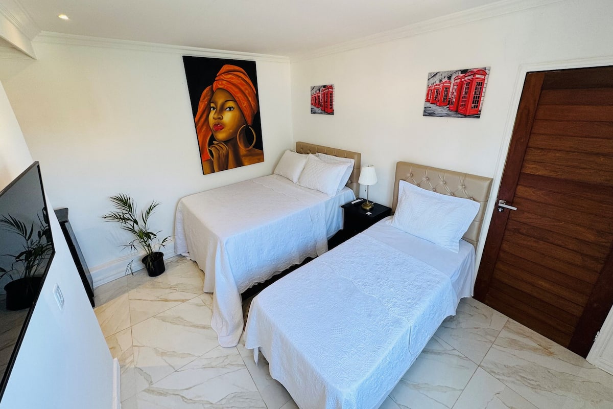 Quarto de hotel com duas camas, televisão, quadro e porta.