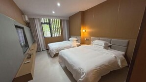 Ein Hotelzimmer mit zwei Betten, einem Fernseher und einem Fenster mit Vorhängen.