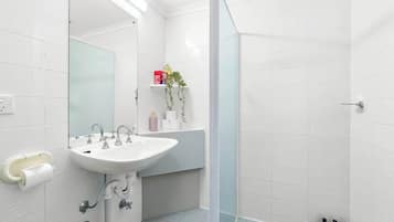 Ducha, secador de pelo, shampoo, papel higiénico