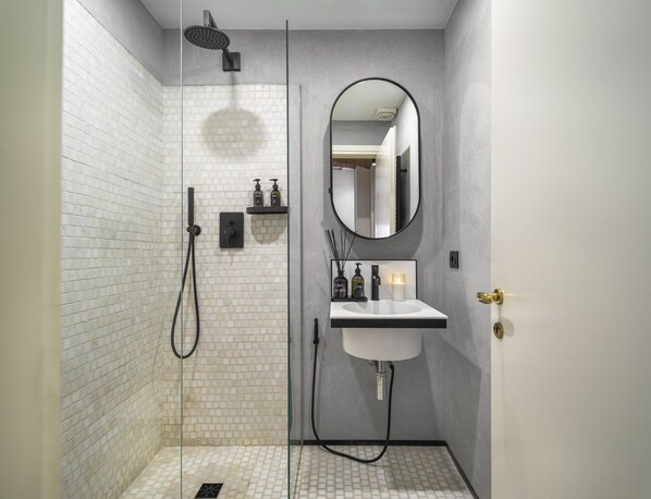 Shower, hair dryer, towels