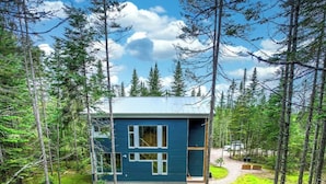 Una cabaña moderna rodeada de altos árboles, con cielo despejado y un espacio cubierto de césped con mobiliario exterior.