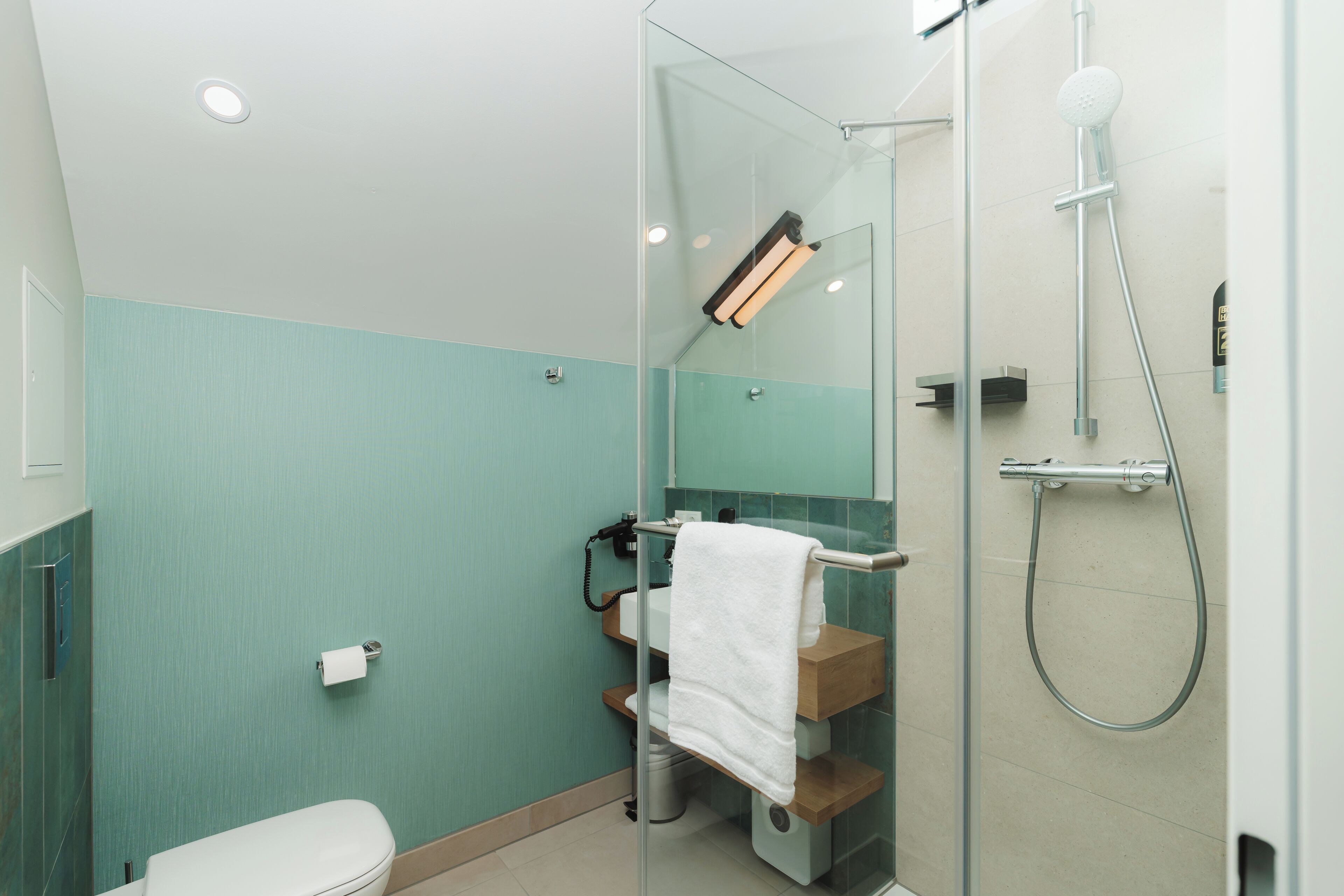 A modern bathroom with a glass-enclosed shower, a toilet, and a towel rack.