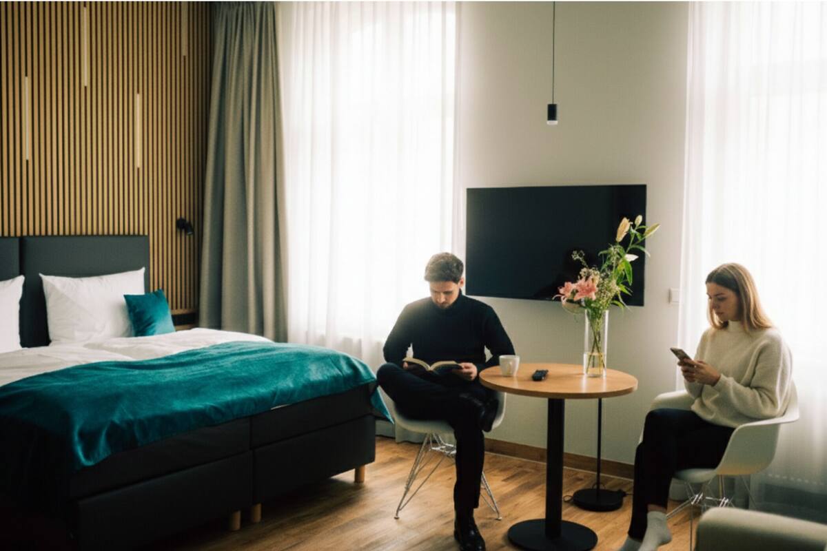 Ein modernes Hotelzimmer mit einem Bett, einem runden Tisch und zwei Stühlen.