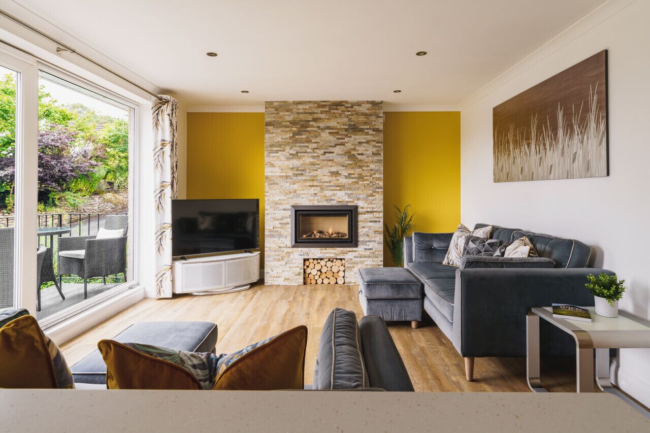 Smart TV, fireplace, books