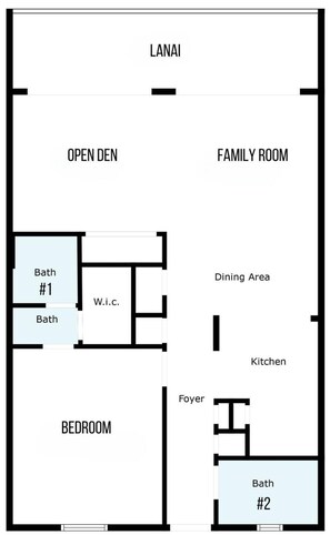 A floor plan with an open den, family room, dining area, kitchen, two bedrooms, and two bathrooms. - A-108 - Resort View and Corner Unit (Naples)