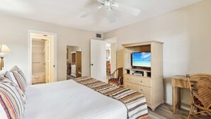 A hotel room with a bed, a television, a desk, and a chair. - B-212 - Second Floor Lake View & Sleeps 6 (Naples)