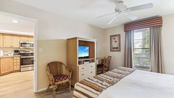 Habitación de hotel con cama, televisor, escritorio y silla. Se observa una kitchenette al fondo.