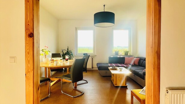 Un salon moderne avec un plancher en bois, un canapé, une table basse et un coin repas comprenant une table et des chaises.