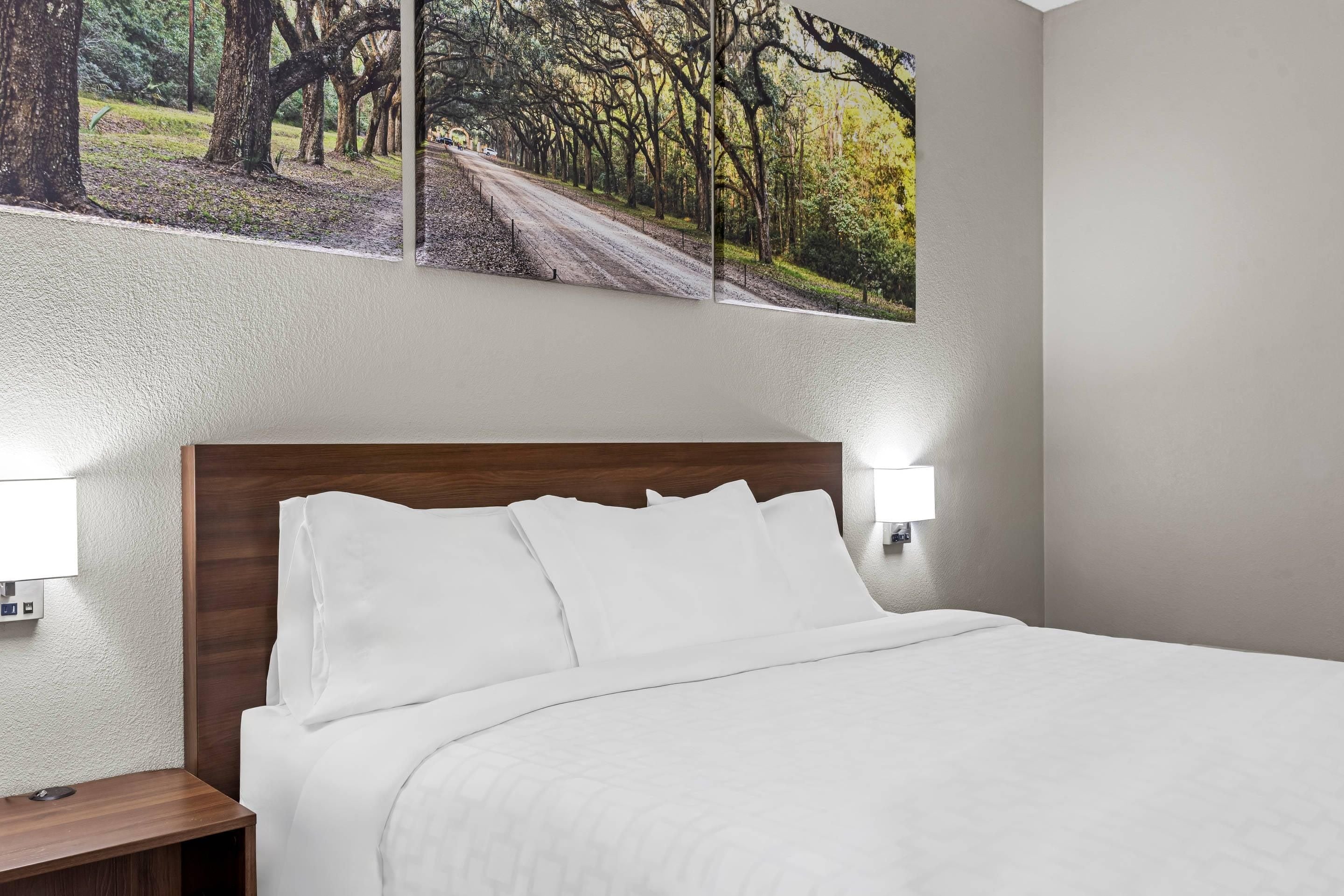 A hotel room with a wooden headboard, white bedding, two bedside lamps, and a large framed picture of a forested path on the wall.