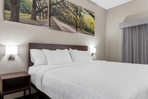 Habitación de hotel con una cama grande, dos lámparas de noche, una mesita de noche, una ventana con cortinas y un cuadro colgado en la pared que representa un sendero en el bosque.