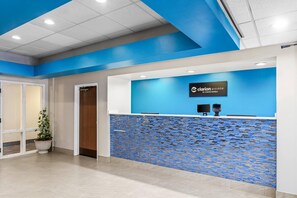 A reception area with a blue wall, a reception desk, and a potted plant.