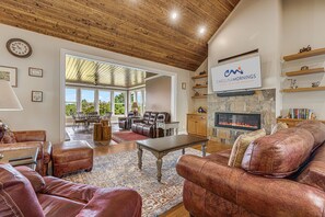 Smart TV, chimenea, libros