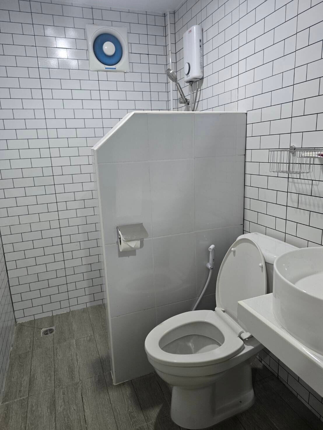 A bathroom with a toilet, a sink, and a shower.