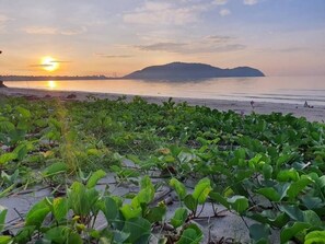 A beach with green vegetation in the foreground and a sunset over the water. - Haad Somboon House (Bang Saphan)