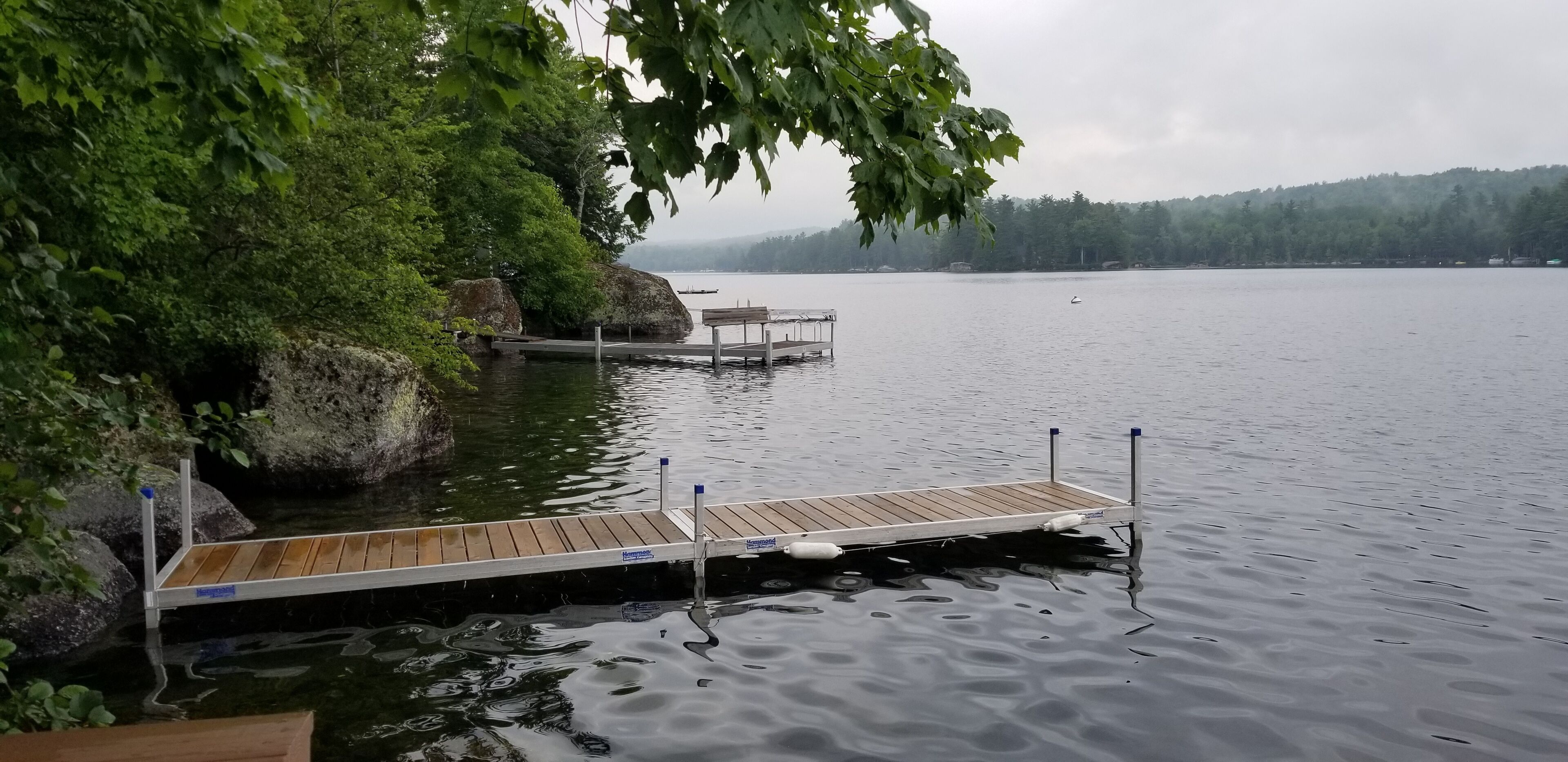 A wooden dock extending into calm water, surrounded by lush greenery and a distant shoreline.