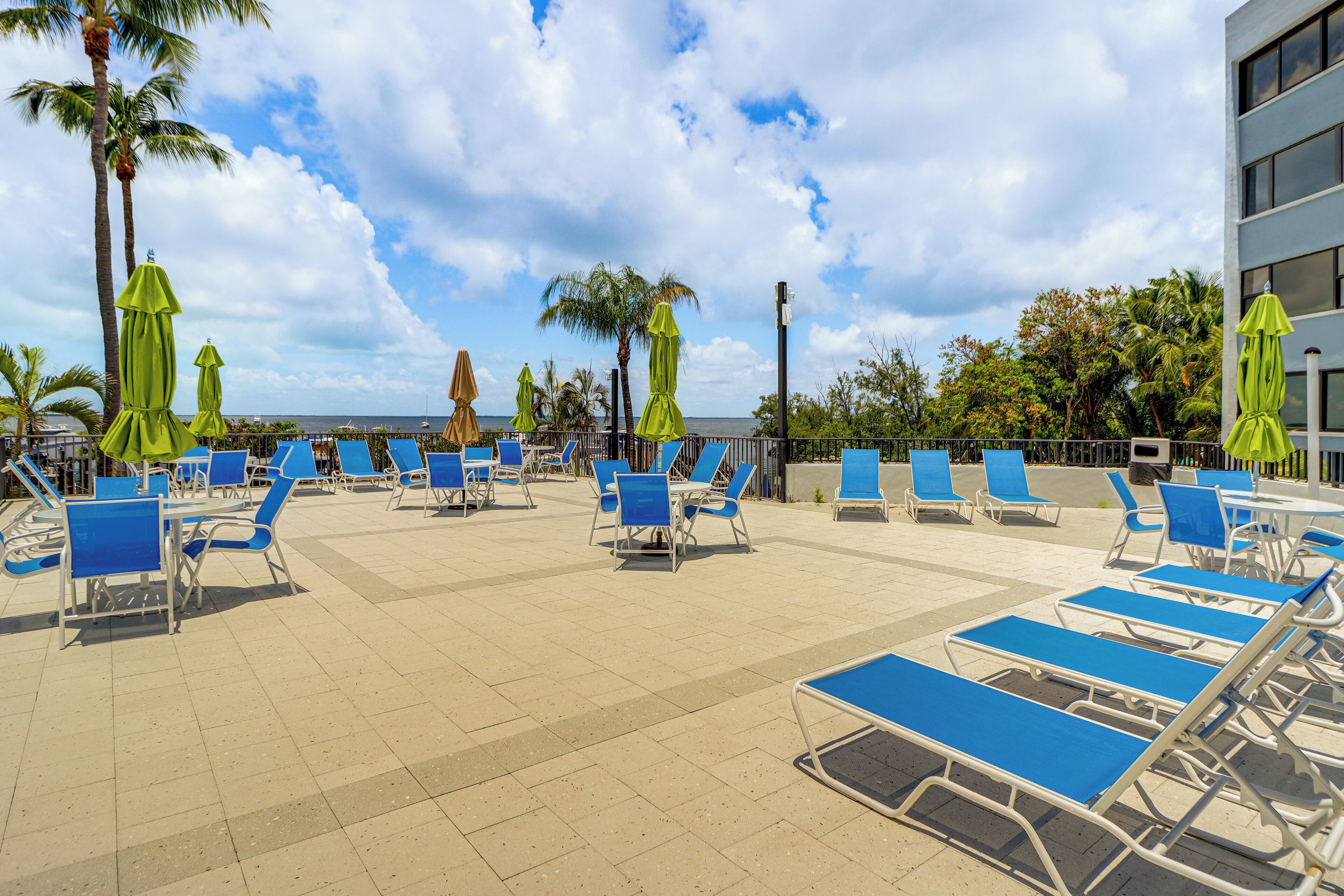 A rooftop pool area with blue lounge chairs and green umbrellas, surrounded by palm trees and a view of the ocean.