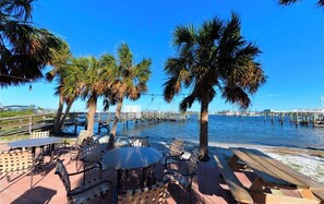 A waterfront patio with tables and chairs, palm trees, and a pier extending into the water.