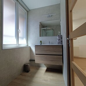 Shower, towels, toilet paper