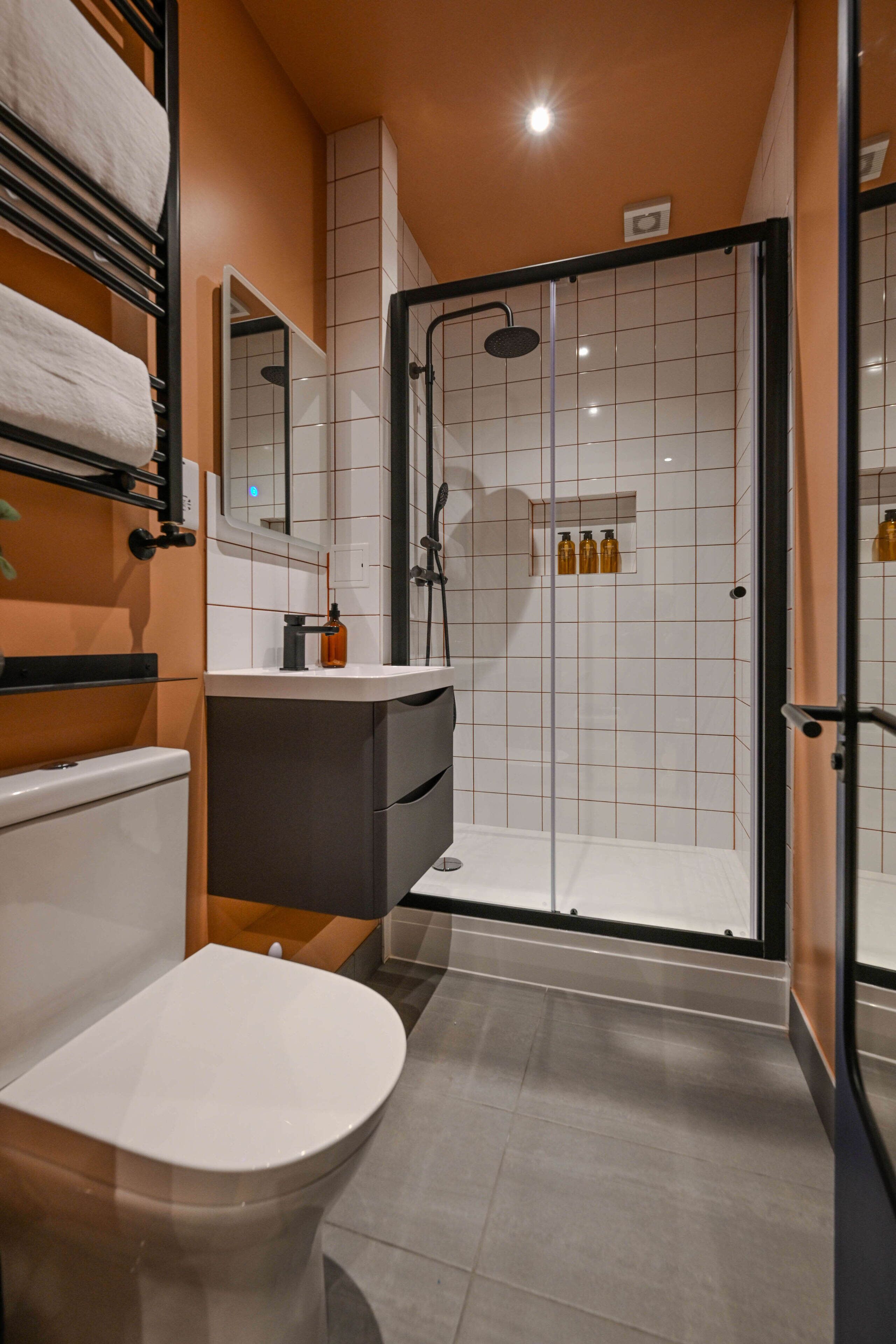 Shower, hair dryer, towels, shampoo
