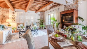 A cozy living room with a fireplace, comfortable seating, and a dining area with a table set for a meal. - Valle del Sole Winery Farmhouse (Lucca)