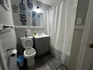 Hair dryer, towels, soap, shampoo